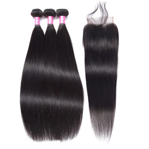 Peruvian Straight Human Hair Bundles with Closure(12" 14" 16"+10") Unprocessed Virgin Human Hair 3 Bundles with Closure 10A Straight Hair Weave Bundles with Lace Closure Natural Color