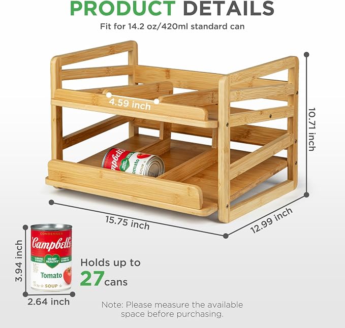 Bamboo Rolling Can Organizer for Pantry, Stackable 2 Tier Canned Food Organizer Rack for Storage, Kitchen Cabinet, Can Holders Dispensers for Pantry Up To 27 Cans