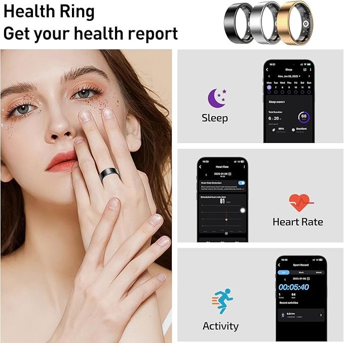 Smart Health Ring for Women Men Fitness Tracker with Heart Rate, Blood Oxygen,Sleep Monitoring, Step Counting, IP68 Waterproof for iPhone and Android, No Subscription Fee (Gold, 9)