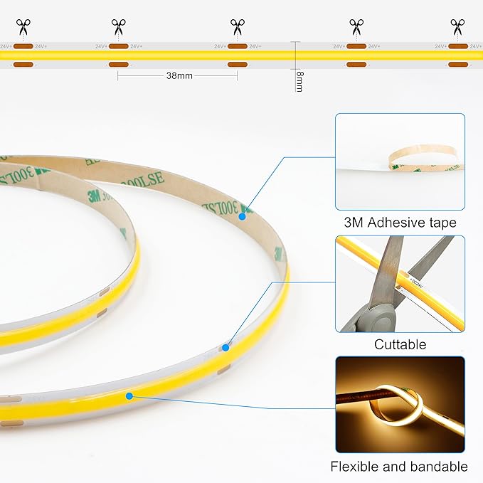 AXMOTUT COB LED Strip Lights with RF Remote, 24V 32.8ft Warm White Dimmable LED Light Strips, High Bright 2700K LED Lights with Power Supply for Room, Kitchen, DIY Home Decoration