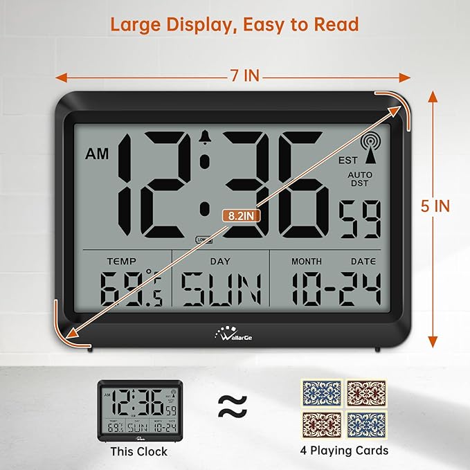 WallarGe Atomic Digital Wall Clock Battery Operated, Self-Setting, Large Display with Temperature, Date, Day of The Week, Silent Wall Mount Digital Clock, 4 Time Zones, DST