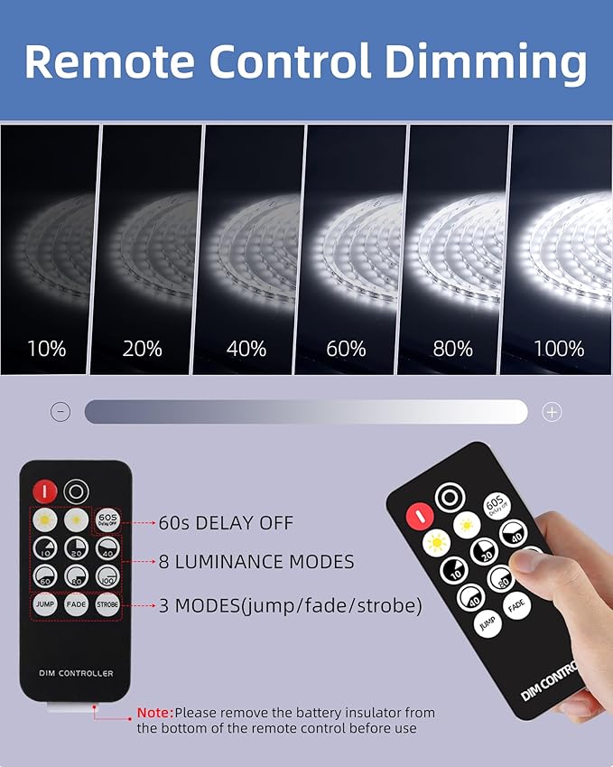 40ft LED Strip Lights with Remote, 6500K Daylight White Dimmable Tape Lights, 12V 720 LEDs 2835 Strong Adhesive Rope Lights for Cabinet Kitchen Ceiling Closet Vanity Mirror Stairway Basement