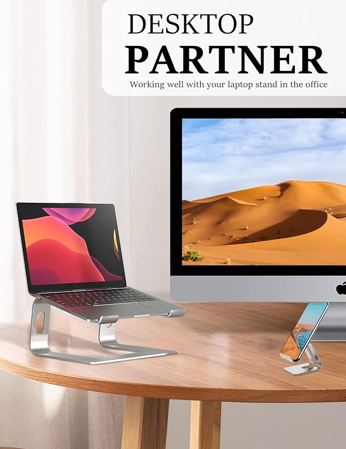 Laptop Stand for Desk，Aluminum Laptop Riser for All Laptop Stands 10-17 inches,Include A Cell Phone Stand(Silver)