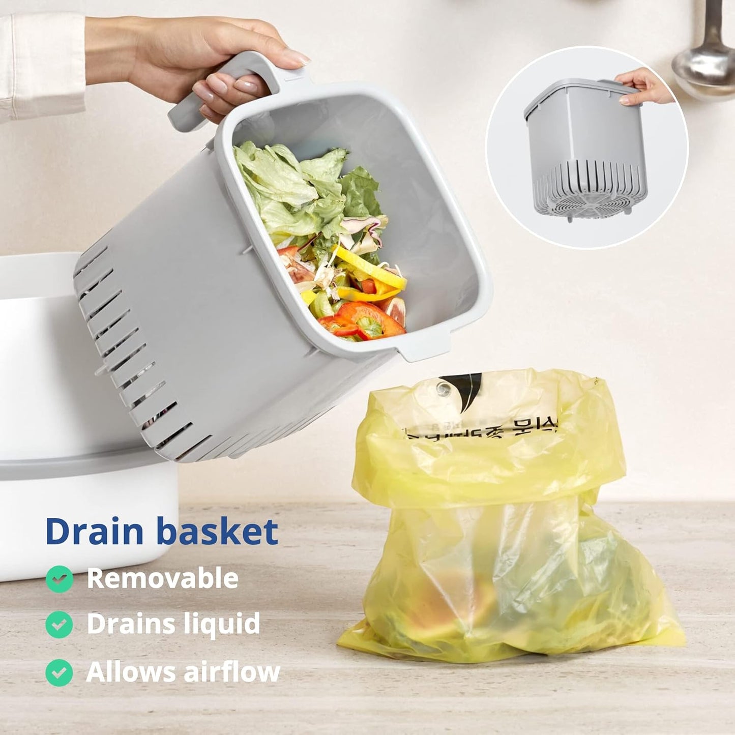 BLUE GINKGO Kitchen Compost Bin [5L / 1.32 GAL] – Filter-Free, Odor-Tight Countertop Food Waste Pail with Handles (Made in Korea, White)