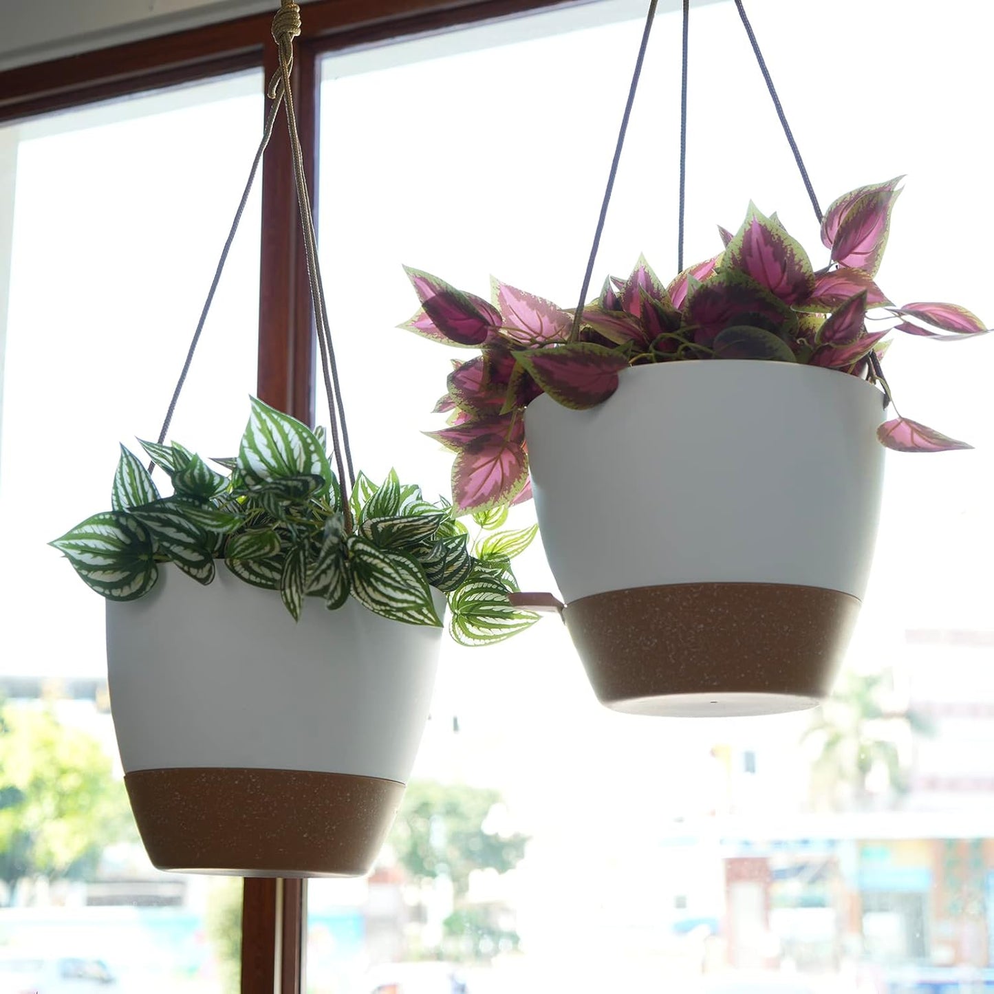 10 Inch Self Watering Hanging Pots, 2 Pack Hanging Planters with 40oZ Deep Reservior for Indoor Outdoor Plants Flowers, White with Brown
