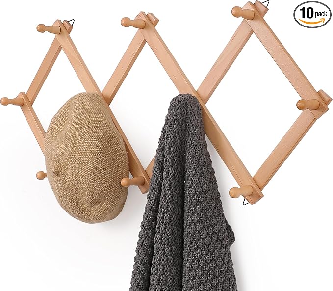 SCUNDA Wall Rack with 10 Hooks, Wooden Wall Expandable Coat Rack for Coat, Hats, Baseball Caps, Coffee Mug, Jewelry(Natural)