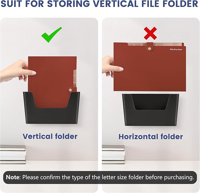JOMOLA No Drilling File Holder 3 Pack Mail Organizer Wall Mount File Organizer Holder Office Wall Hanging Files Magazines Organizer Plastic Door Mount Wall Pocket with Adhesive Pad, Black Color