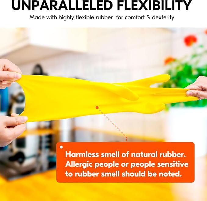 Vgo... 3-Pairs Reusable Household Gloves, Rubber Dishwashing gloves, Extra Thickness, Long Sleeves, Kitchen Cleaning, Working, Painting, Gardening, Pet Care (Size S, Yellow, HH4601)