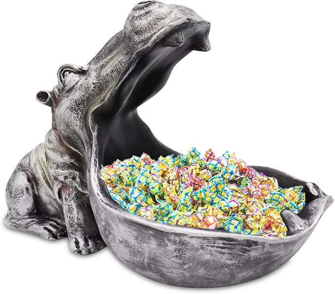 aboxoo Hippo Statue Home Resin Hippopotamus Figurine Fun Candy Dish,Key Bowl,Big Mouth Sculpture Table Art Decoration Sundries Container Storage Boxes (Grey)