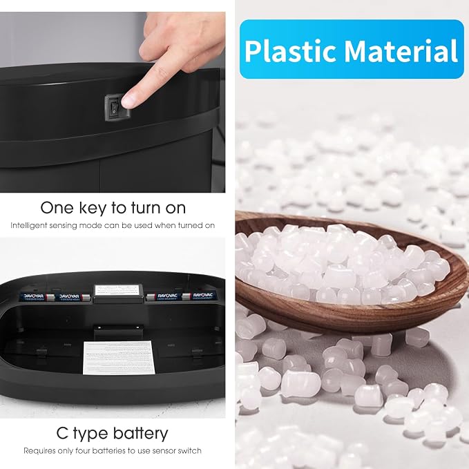 BestOffice Black Plastic Touch Free High-Capacity Garbage Can with Lid, 49L/13G, Rectangular, Quiet Close, Kitchen, Bedroom, Bathroom, Office