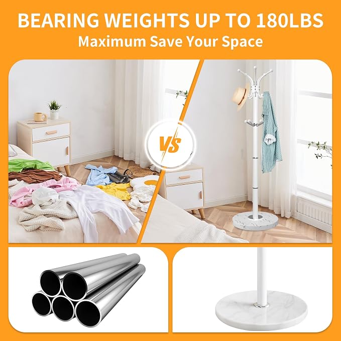 ZOZOE Metal Coat Rack Stand, Modern Coat Rack Freestanding with Natural Marble Base, 360° Rotary Design Coat Racks with 14 Hooks,White Coat Tree Hanger Stand for Bags,Hats,Entryway,Office