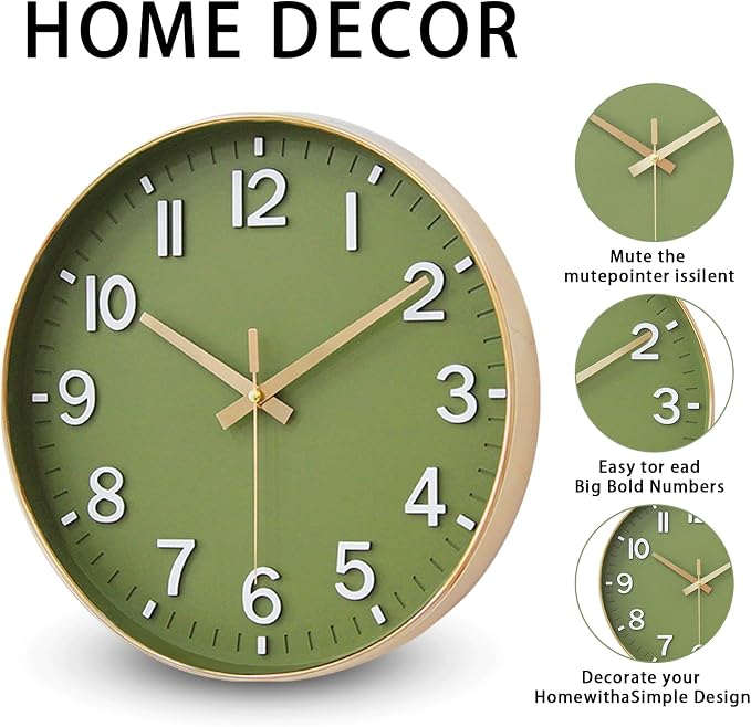 HZDHCLH Wall Clocks Battery Operated,Wall Clock Green Gold,14 inch Wall Clock Silent Non Ticking Modern 3D Numbers for Kitchen Bedroom Living Room Office Classroom Decor