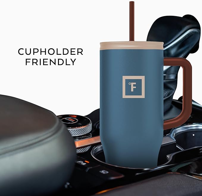 IRON °FLASK Co-Pilot Insulated Mug w/Boot, Straw & Flip Cap Lids - Cup Holder Bottle for Hot, Cold Drink - Leak-Proof - Water, Coffee Portable Travel Mug - Azure Mist, 40 Oz