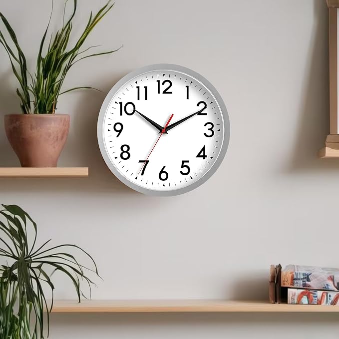 DAXSMY 12 Inch Wall Clock Battery Operated Silent Non Ticking Analog Modern Decorative for Office Kitchen Outdoor Living Room Classroom Bedroom Bathroom School(Silver)