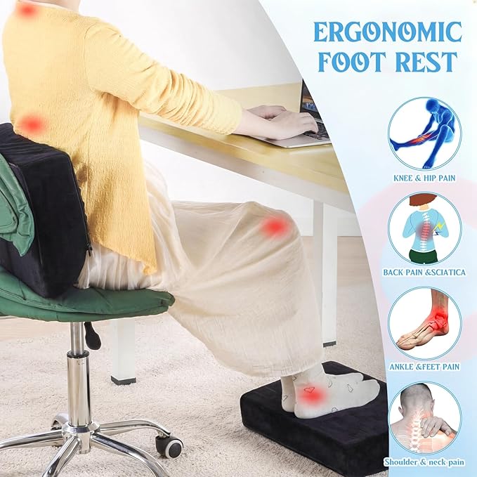 Novabright Foot Rest Under Desk, 3 Height Adjustable Ergonomic Foot Stool with Gel Textured Top and Cozy Pocket, Non-Slip Foam Footrest for Office Home Car(17" X 11" X 17",Cambered,Black)