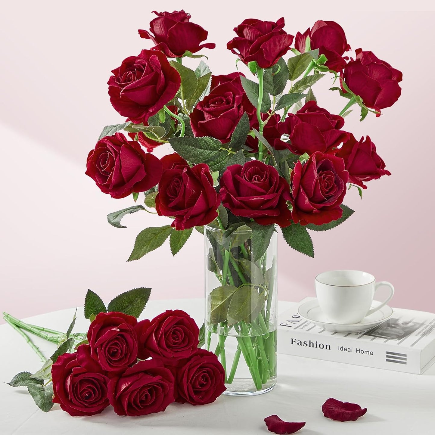Serwalin 20pcs Red Roses Artificial Flowers, 4'' Big Velvet Flower Head Fake Roses, Realistic Silk Roses Bouquet Long Stems for Wedding Home Decor and Table Centerpiece