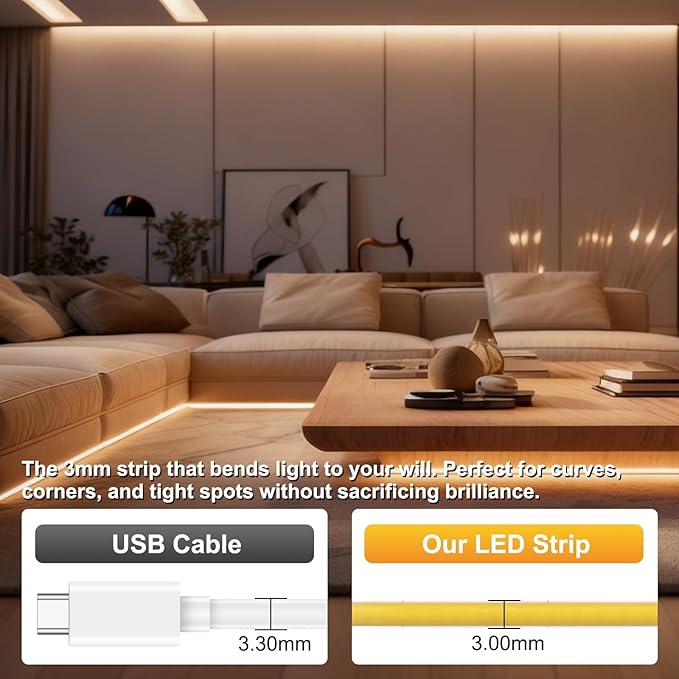 3mm COB Strip Light, DC 24V Blue 16.4ft Flexible Cuttable Ultra-Thin LED Tape CRI>90 Uniform Dotless 400LEDs/M LED Light for for Christmas Bedroom Home Kitchen Cabinet Decor (NO Power Supply)