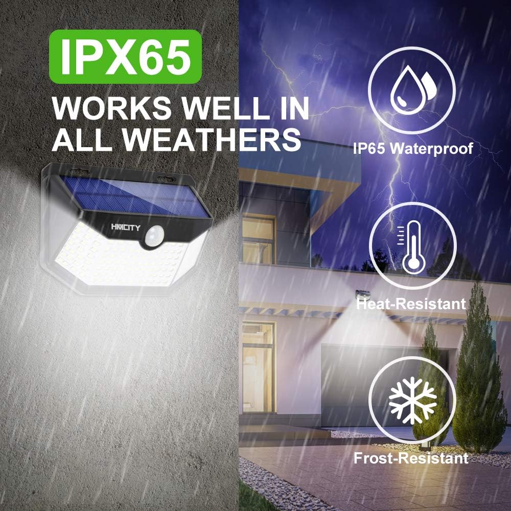 HMCITY Solar Lights Outdoor 120 LED with Reflector and 3 Lighting Modes,Motion Sensor Wall Lights, IP65 Waterproof Solar Powered Wall Lights for Garden Deck Lights (Back Button 4Packs, Daylight White)