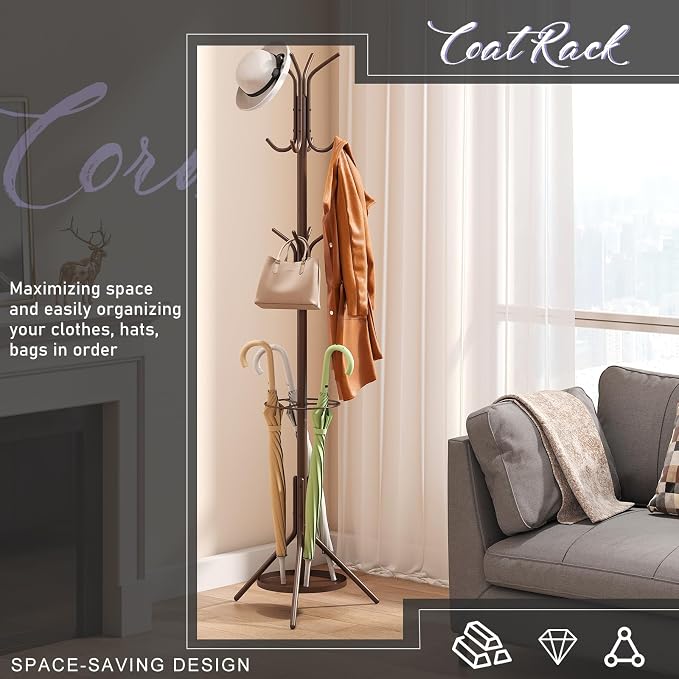 Coat Rack Freestanding,Entryway Hanger Stand,Umbrella Holder,Hall Tree With 12 Hooks, Floor Standing Metal Tree Stand,brown