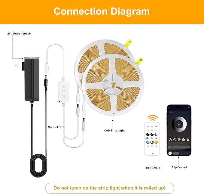 Pandery COB LED Strip Lights Cool White,24V Dimmable led Light Strip KIT with Remote and app Control,6000K 25FT/7.5m 8mmwide Ra>90 Cuttable Flexible Strip Lights for Bedroom,Wardrobe,Cabinet