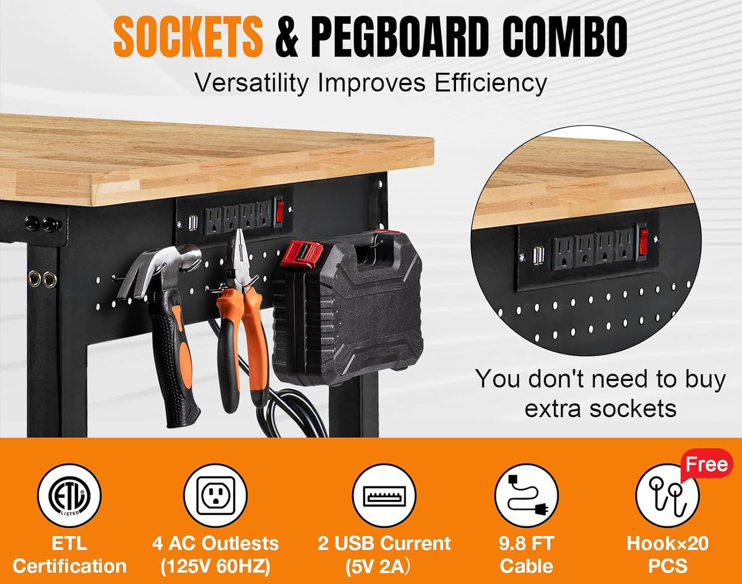 84” Adjustable Height Workbench, 5000 LBS Heavy Duty Table Rubber Wood Workstation with Power Outlet & Pegboard for Office, Garage,Workshop,Commercial,Home