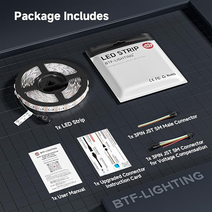 BTF-LIGHTING WS2812B IC RGB LED Strip,UL Listed,Pure Gold Wires,DC5V 16.4FT 300LED 5050SMD,Individually Addressable,Flexible for DIY Chasing Full Color Project,IP67(No Adapter or Controller)