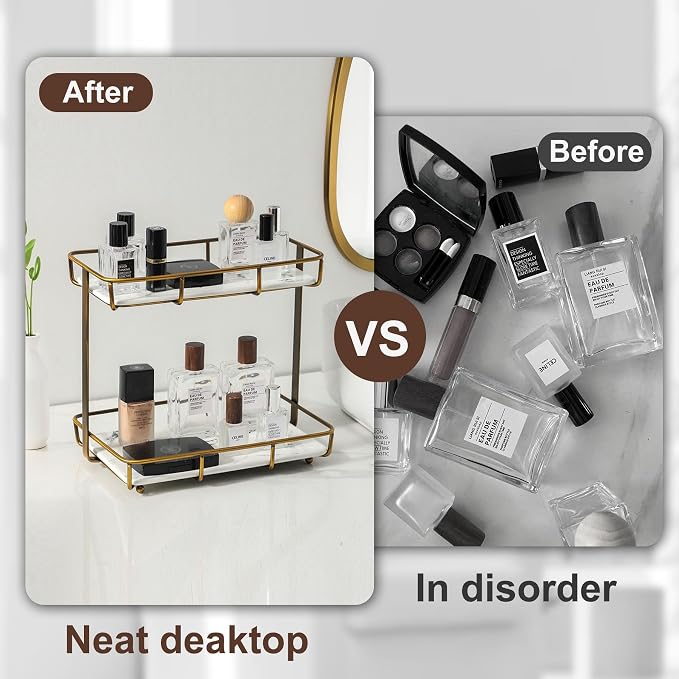 Bathroom Organizer Countertop Perfume Organizer Makeup Organizer Cosmetics Storage Display Rack Vanity Tray Dresser Stainless Steel Gold Shelf White Marble Ceramic Tray