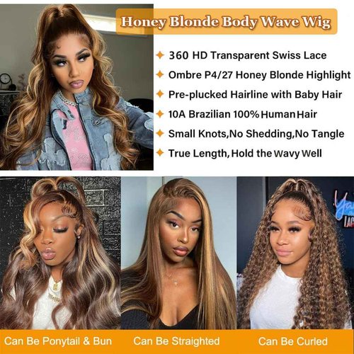 Brofiri 360 HD Lace Front Wigs Human Hair 4/27 Highlight Ombre Body Wave Wig Human Hair Pre Plucked 180 Density Full Lace Frontal Wigs Glueless Hidden Strap Lace Frontal Wig for Women 26 Inch