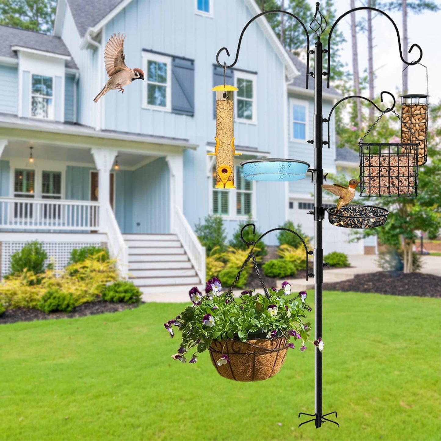 Ashman Deluxe Bird Feeding Station (4 Pack) Bird Feeders for Outside - Multi Feeder Pole Stand Kit with 4 Hangers, Bird Bath and 3 Prong Base for Attracting Wild Birds - 22 Inch Wide x 92 Inch Tall.