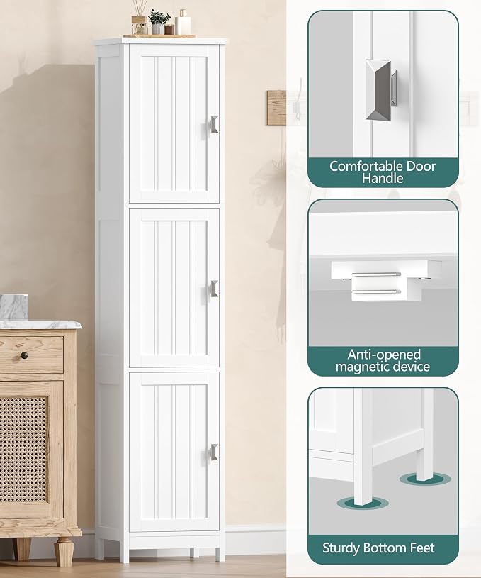 Tall Narrow Bathroom Storage Cabinet, 3-Tier Slim Storage Cabinet with Adjustable Shelves and 3 Doors, Linen Cabinet for Bathrooms, Living Room, Laundry Room, Kitchen, White