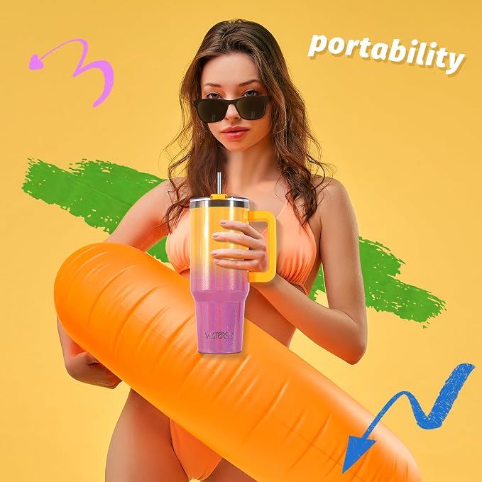 30 oz Shiny Tumbler with Handle and Straw,Stainless Steel Tumbler with Lid and Straw,Insulated Travel Mug(Cold for 34 Hours),Water Bottle for Iced Tea,Coffee (Yellow)