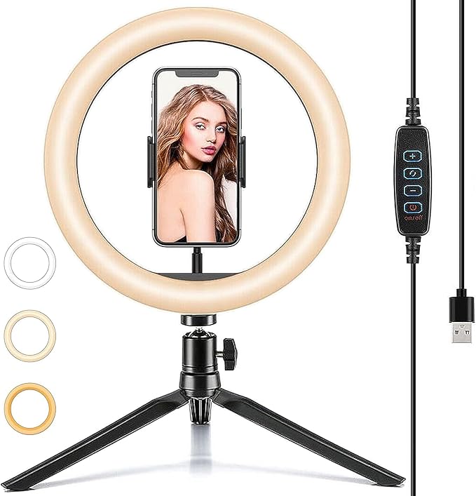 10" Desk Ring Light with Tripod Stand, 3 Light Modes & 11 Brightness Level, Adjustable Selfie Phone Halo Light with Cell Phone Holder for Video Recording, Makeup, Computer Laptop Zoom Meeting