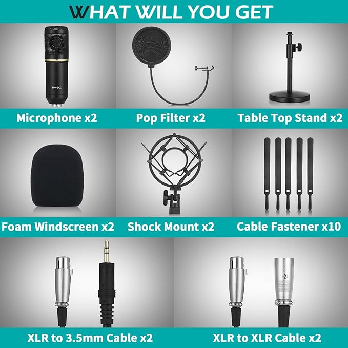 Sherr 4 Pack XLR Condenser Microphone Professional Studio Cardioid Microphone Kit Include Cardioid Mics Shock Stand Windproof Cotton Blowout Net Metal Stand Male Female Cable for Podcasting Record