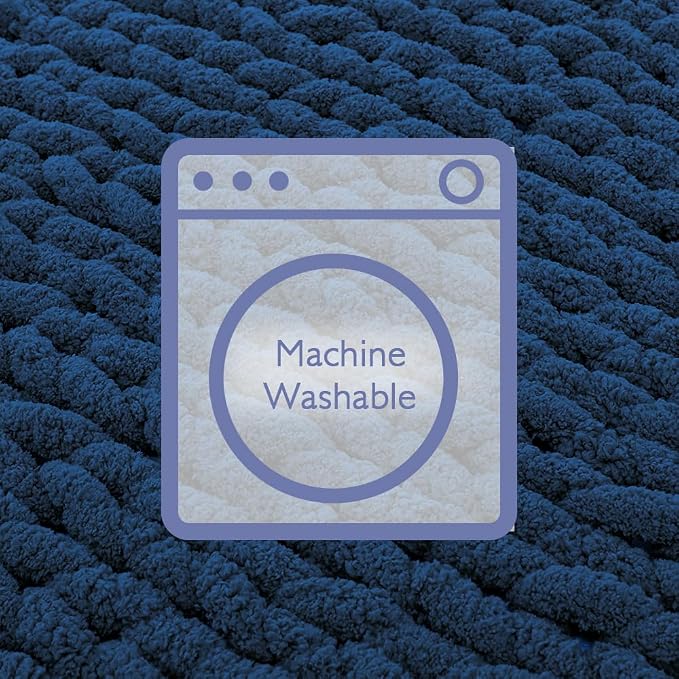 Bigacogo Chunky Knit Throw Blanket for Couch, 80x90 inches, 100% Hand Knitted with Thick Jumbo Chenille Yarn, Cozy Soft Large Rope Knot Cable Crochet Blankets for Sofa Bed Living Room, Navy Blue