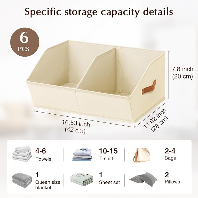 Homsorout Closet Organizers and Storage Bins - 6 Pack Collapsible Divided Trapezoidal Cube Storage Bins Baskets with Orange Handle for Organizing Clothes Blankets, Toys, Books, Towels(Beige)