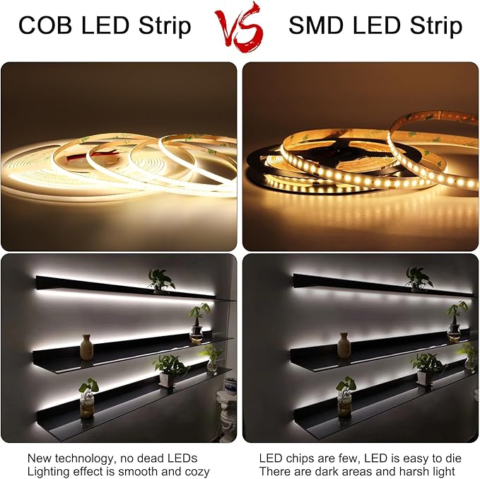 3mm COB Strip Light, DC 24V Blue 16.4ft Flexible Cuttable Ultra-Thin LED Tape CRI>90 Uniform Dotless 400LEDs/M LED Light for for Christmas Bedroom Home Kitchen Cabinet Decor (NO Power Supply)
