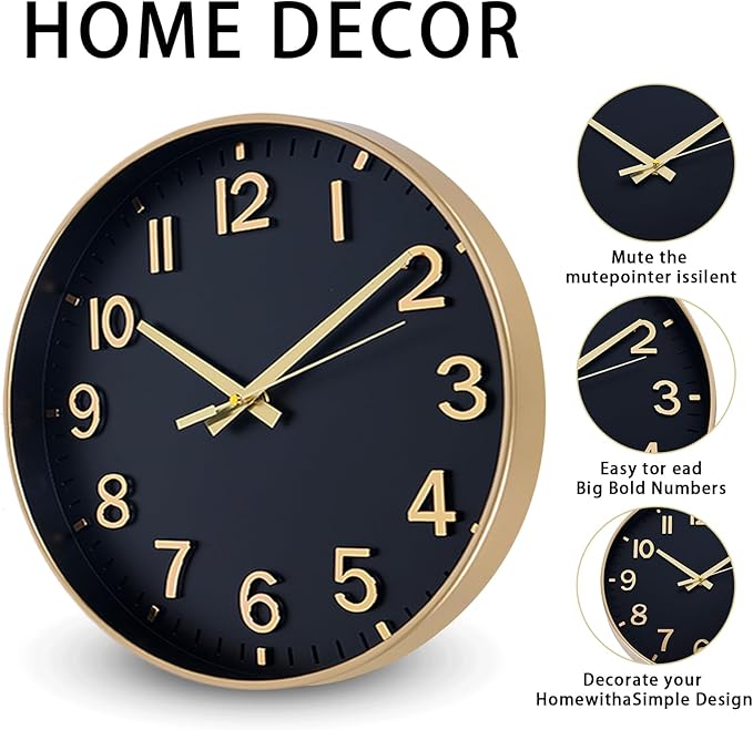 HZDHCLH Wall Clocks Battery Operated,Wall Clock Black Gold,8 inch Wall Clock Silent Non Ticking Modern 3D Numbers for Kitchen Bedroom Living Room Office Classroom Decor