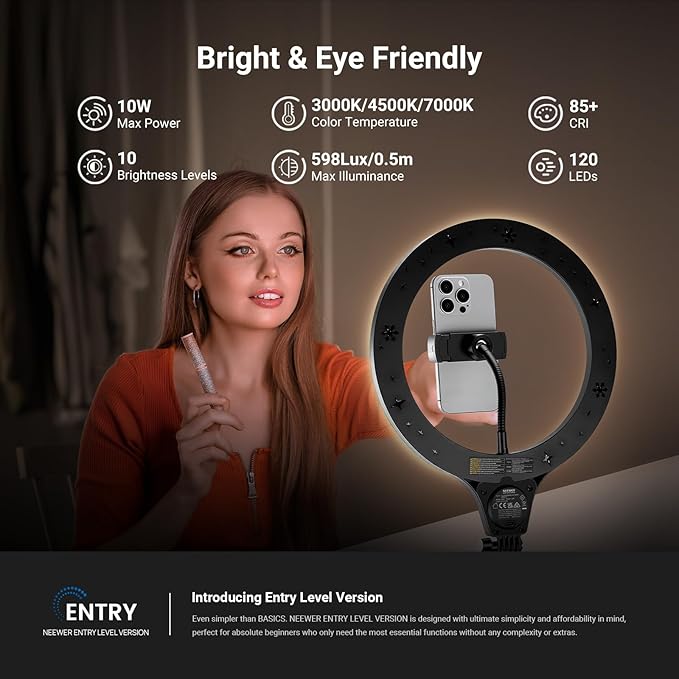 NEEWER Entry Level Version 10" 10W Ring Light with 46"-63" Stand, Overhead Phone Holder Mount Compatible with iPhone, Bi Color LED Selfie Lighting CRI85+ for TikTok Video Recording Streaming, N44