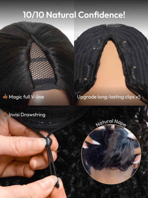 KLAIYI EasiContour V Part Wig Human Hair Body Wave Glueless Upgrade U Part Wig No Leave Out No Gel Clip in Half Wig V Shape Pull and Go Beginner Friendly Ready to Wear Natural Black Color 150% 16Inch