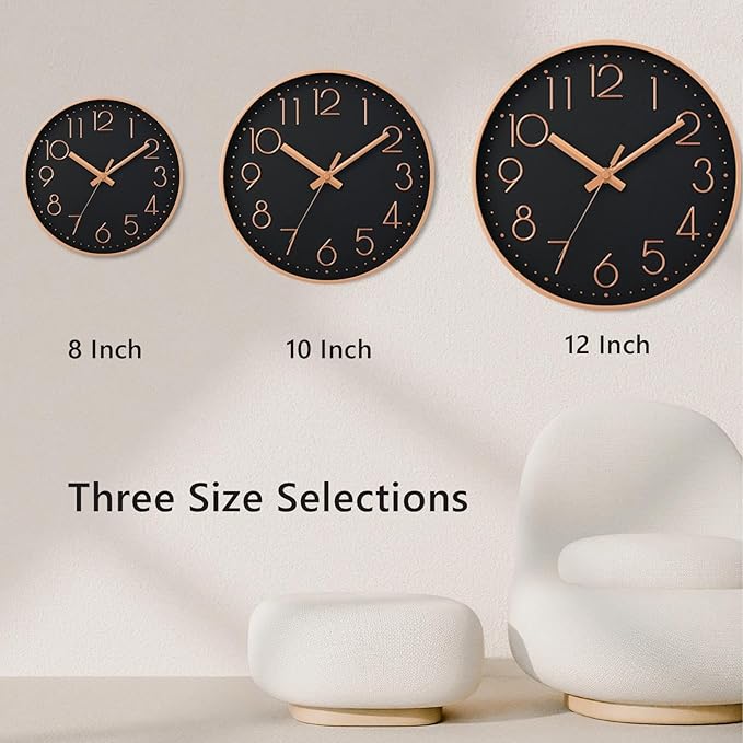 DAXSMY Wall Clock - 12 Inch Silent Non-Ticking Modern 3D Wall Clocks Battery Operated - Decorative Clock for Kitchen, Home Office, Bathroom, Bedroom, Living Room(Black)