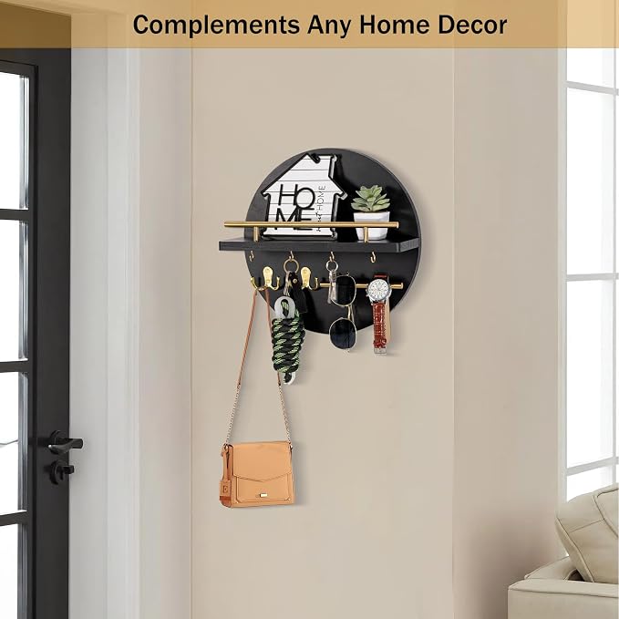 dreampossible Key Holder for Wall Decorative with Shelf and Hooks, Mail Organizer Wall Mount with Sunglasses Holder, Circular Design Entryway Key Rack Hanger, Rustic Home Decor