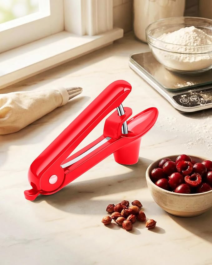 Cherry Pitter, Olive Pit Remover Tool Cherries Corer Pitter with Hand-held Push, Olives Seed Corer with lock design, Durable Remove Cherries Pit corer for Cherry Jam -Red