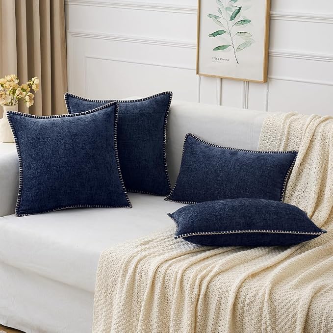 MIULEE Pack of 2 Couch Throw Pillow Covers 18x18 Inch Navy Blue Farmhouse Decorative Pillow Covers with Stitched Edge Soft Chenille Solid Dyed Pillow Covers for Sofa Bed Living Room