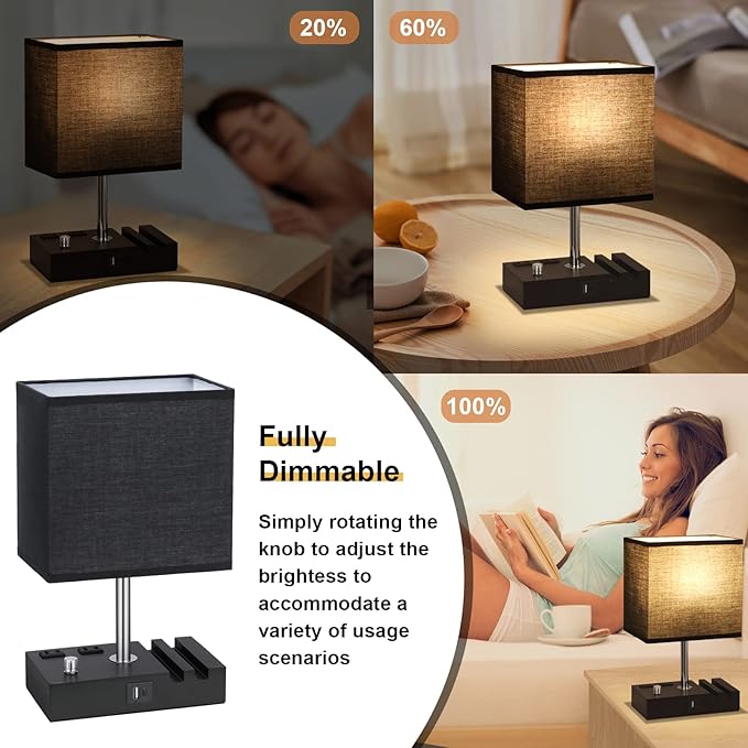 Fully Dimmable Bedside Lamps for Bedroom with USB C Ports, Kakanuo Black USB Table Lamp Set of 2, Wooden Desk Lamp with 2 Charging Outlets and Phone Stand for Nightstand and Living Room, Bulb Included