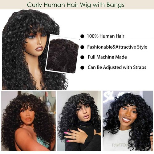 OCTSUN Wear and Go Human Hair Wigs with Bangs Bouncy Curly Human Hair Wigs for Black Women Glueless Full Machine Made Wigs Human Hair Deep Wave None Lace Front Wigs with Bangs 22 Inch 180% Density