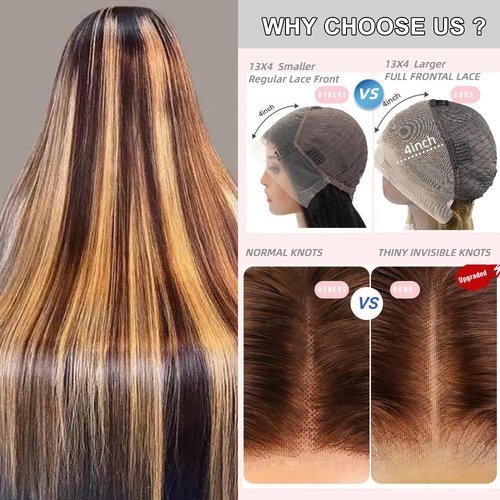 Kineko Honey Blonde Wig Human Hair 13x4 Straight Lace Front Wigs Human Hair Ombre Highlight Honey Blonde HD Lace Front Wig Human Full Frontal Glueless Wigs Human Hair Pre Plucked P427 Colored 20Inch