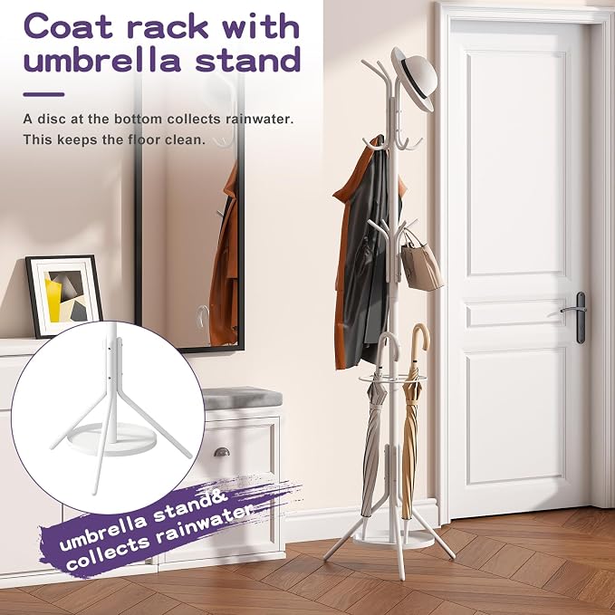 Coat Rack Freestanding Entryway Hanger Stand, Umbrella Holder, Hall Tree With 12 Hooks, Floor Standing Metal Tree Stand, White