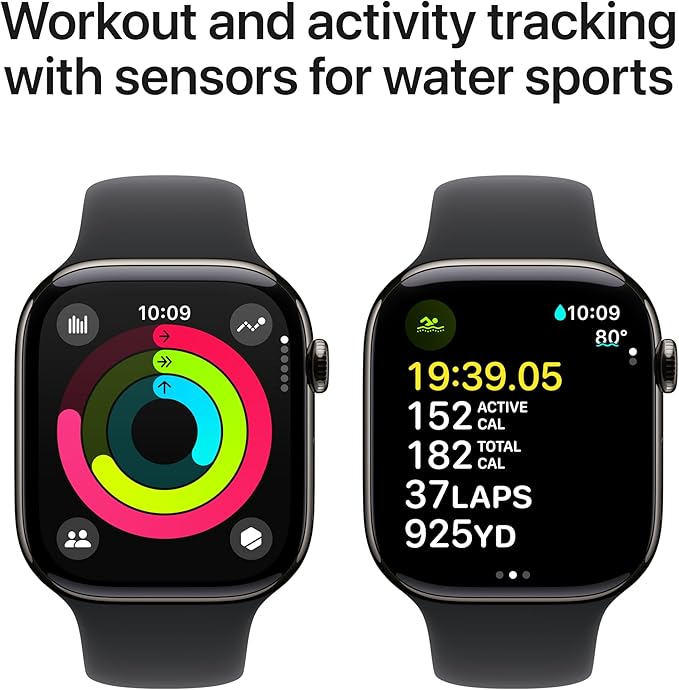 Apple Watch Series 10 [GPS + Cellular 46mm] with Slate Titanium Case with Black Sport Band - M/L. Fitness Tracker, ECG App, Always-On Retina Display, Water Resistant with AppleCare+ (2 Years)