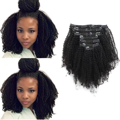 ABH AMAZINGBEAUTY HAIR Afro Coily Clip in Hair Extensions Real Human Hair 4B and 4C Double Wefts Remy Coily Clip ins for African Americans 120 Grams 7pcs 17 Clips, #1B Natural Black 16 Inch