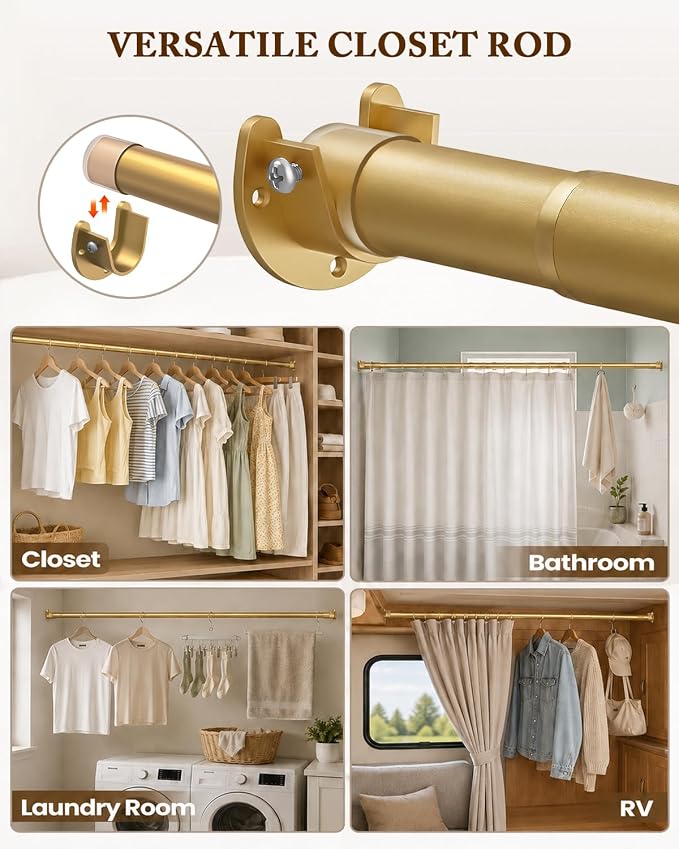 Heavy Duty Closet Rod, 17-28 IN Closet Rods for Hanging Clothes, Gold | Stepless Adjustable, Supports up to 66 lbs, Multiple Size Options, Easy Installation, Multi Purpose , Wall-Mounted
